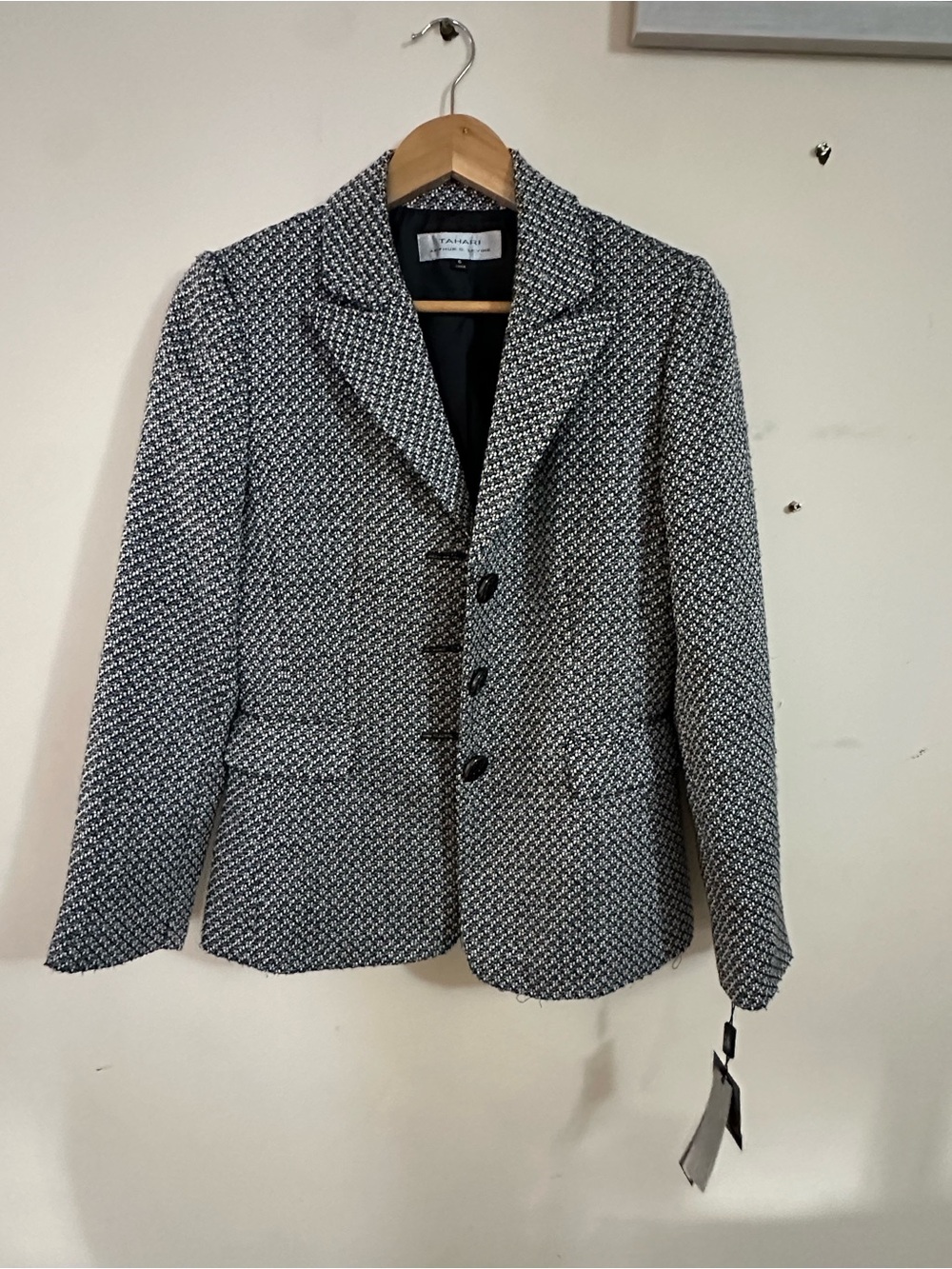 Tahari Black and White Tweed Button Front Blazer
